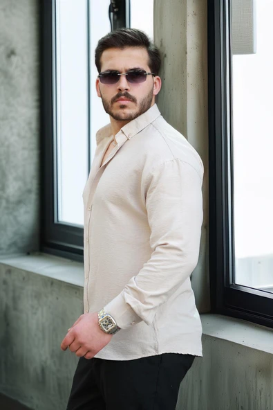 Scott – Soft Dokulu Yarım Oversize Modern Erkek Gömlek - Bej - Resim 3