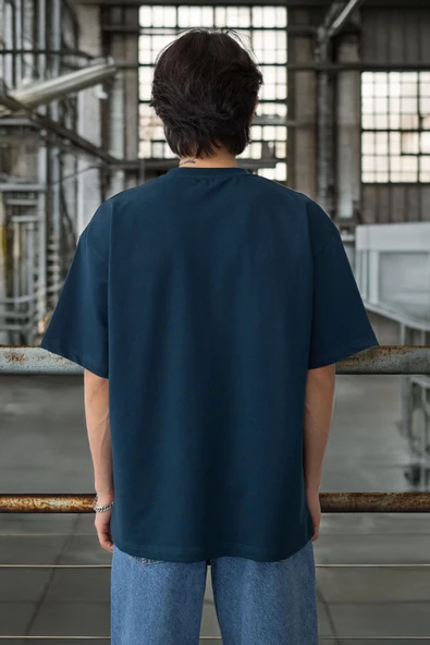 Cep Baskılı İki İplik Kumaş Pamuklu Oversize Erkek T-Shirt - Prusya Mavisi - 4