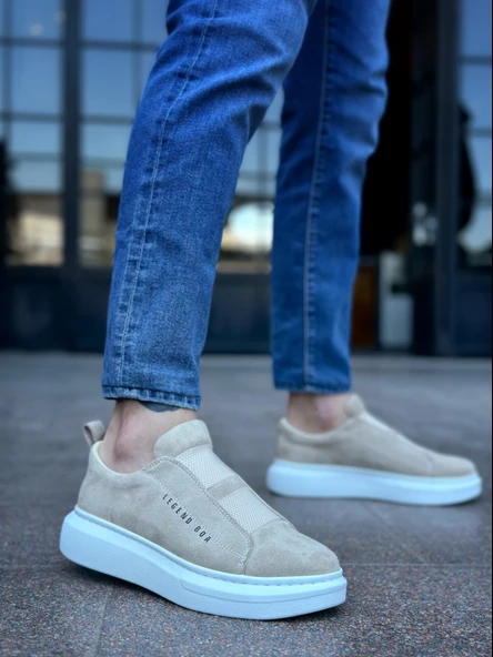 ET0307 Kalın Süet Yüksek Taban Çift Bant Krem Erkek Ayakkabı - Resim 3