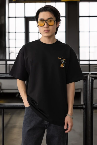 Cep Baskılı İki İplik Kumaş Pamuklu Oversize Erkek T-Shirt - Siyah - 10