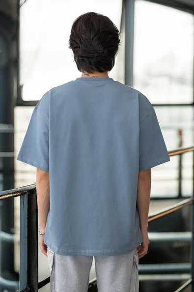 Cep Baskılı İki İplik Kumaş Pamuklu Oversize Erkek T-Shirt - Soğuk Mavi - 4
