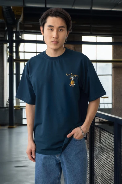 Cep Baskılı İki İplik Kumaş Pamuklu Oversize Erkek T-Shirt - Prusya Mavisi - 6