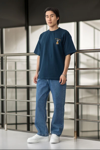 Cep Baskılı İki İplik Kumaş Pamuklu Oversize Erkek T-Shirt - Prusya Mavisi - 10
