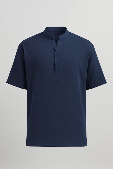 Wes Oversize Yarım Pat Bambu Kısa kol Gömlek - Lacivert ürün görseli