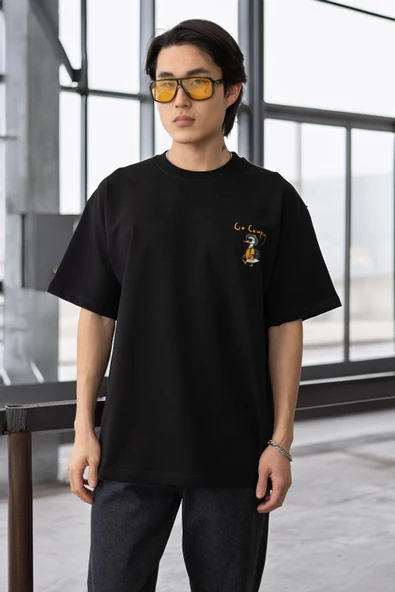Cep Baskılı İki İplik Kumaş Pamuklu Oversize Erkek T-Shirt - Siyah - 11