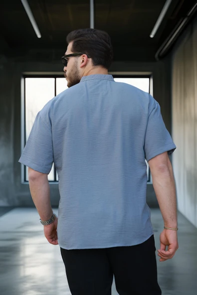 Oversize Yarım Pat Bambu Kısa kol Gömlek - Soğuk Mavi - 4