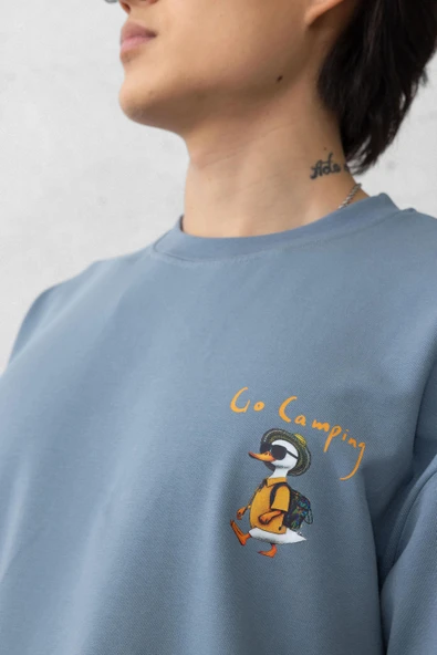 Cep Baskılı İki İplik Kumaş Pamuklu Oversize Erkek T-Shirt - Soğuk Mavi - 10