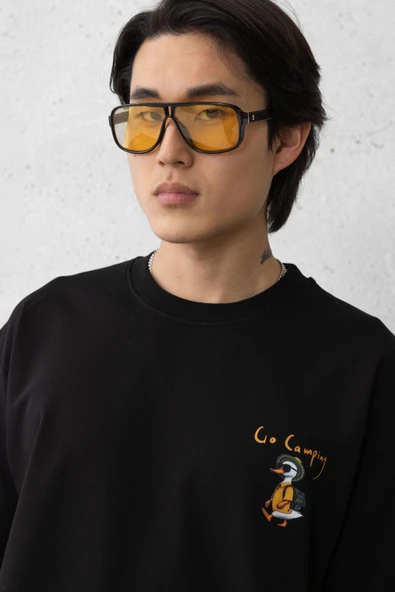 Cep Baskılı İki İplik Kumaş Pamuklu Oversize Erkek T-Shirt - Siyah - 2