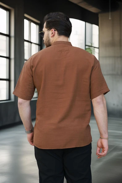 Wes Oversize Yarım Pat Bambu Kısa kol Gömlek - Kahve - 4