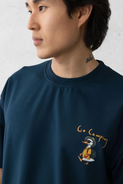 Cep Baskılı İki İplik Kumaş Pamuklu Oversize Erkek T-Shirt - Prusya Mavisi - 2