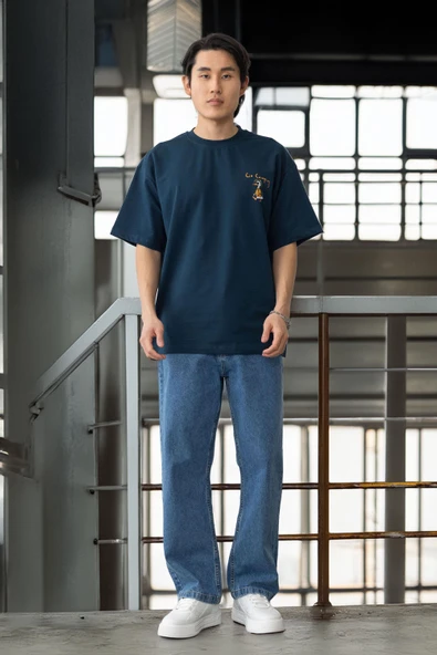Cep Baskılı İki İplik Kumaş Pamuklu Oversize Erkek T-Shirt - Prusya Mavisi - 11