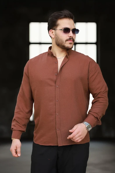 Yumuşak Dokulu Yarım Oversize Erkek Gömlek - Kahve
