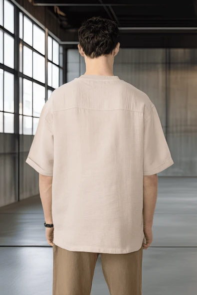 Rahat Kalıp Müslin Kumaş Erkek T-Shirt - Orta Bej - 4