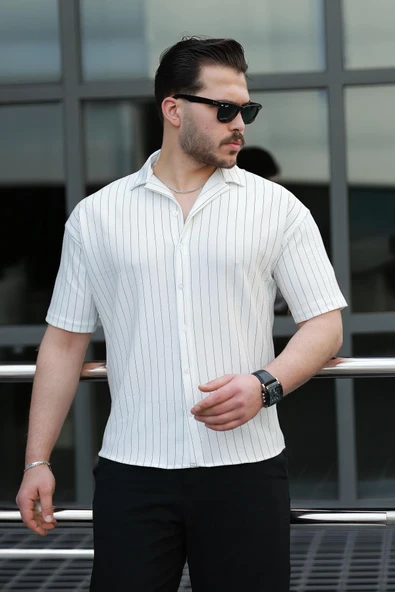 Apaş Yaka Krep Kumaş Çizgili Yarım Oversize Erkek Gömlek - Beyaz - 3