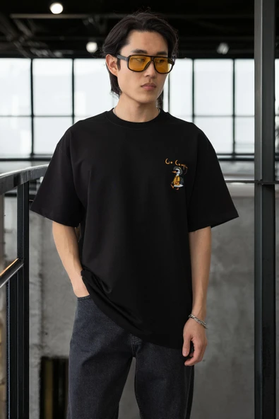 Cep Baskılı İki İplik Kumaş Pamuklu Oversize Erkek T-Shirt - Siyah - 9