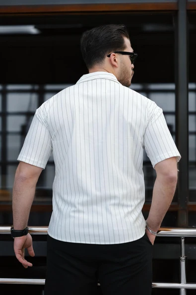 Apaş Yaka Krep Kumaş Çizgili Yarım Oversize Erkek Gömlek - Beyaz - 4