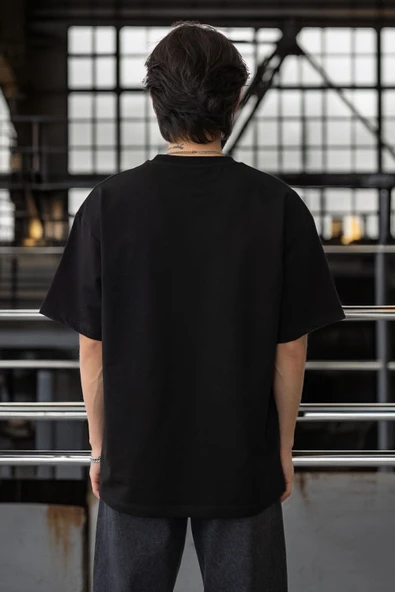 Cep Baskılı İki İplik Kumaş Pamuklu Oversize Erkek T-Shirt - Siyah - 4