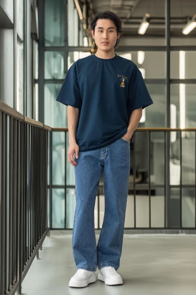 Cep Baskılı İki İplik Kumaş Pamuklu Oversize Erkek T-Shirt - Prusya Mavisi - 8