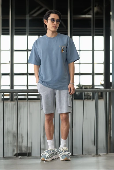 Cep Baskılı İki İplik Kumaş Pamuklu Oversize Erkek T-Shirt - Soğuk Mavi - 5