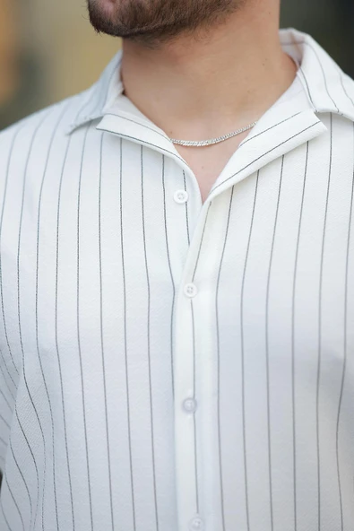 Apaş Yaka Krep Kumaş Çizgili Yarım Oversize Erkek Gömlek - Beyaz - 2