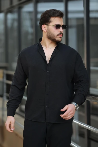 Yumuşak Dokulu Yarım Oversize Erkek Gömlek - Siyah