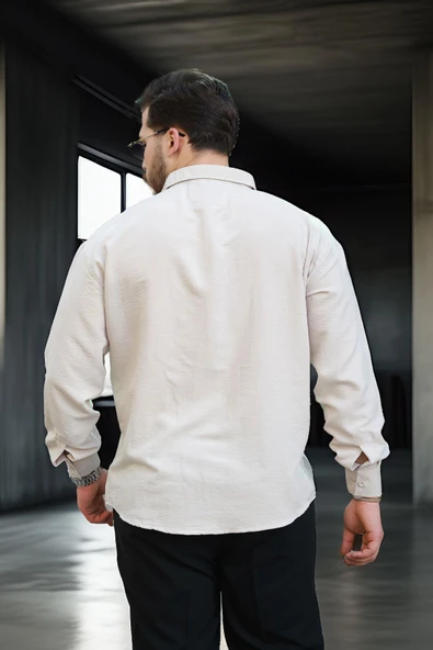 Scott – Soft Dokulu Yarım Oversize Modern Erkek Gömlek - Bej - Resim 4