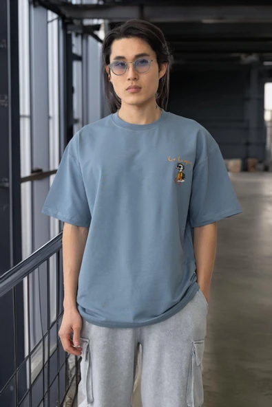 Cep Baskılı İki İplik Kumaş Pamuklu Oversize Erkek T-Shirt - Soğuk Mavi - 3