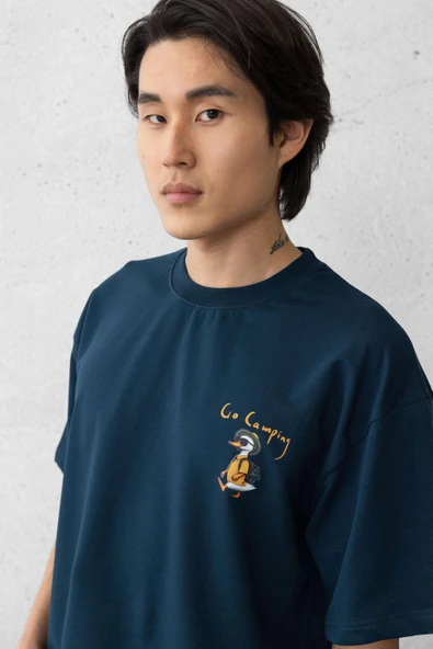 Cep Baskılı İki İplik Kumaş Pamuklu Oversize Erkek T-Shirt - Prusya Mavisi - 7