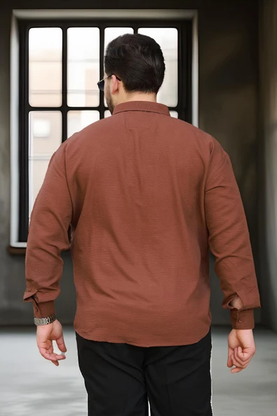 Yumuşak Dokulu Yarım Oversize Erkek Gömlek - Kahve - 4