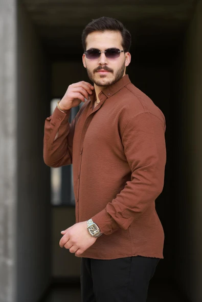 Yumuşak Dokulu Yarım Oversize Erkek Gömlek - Kahve - 3