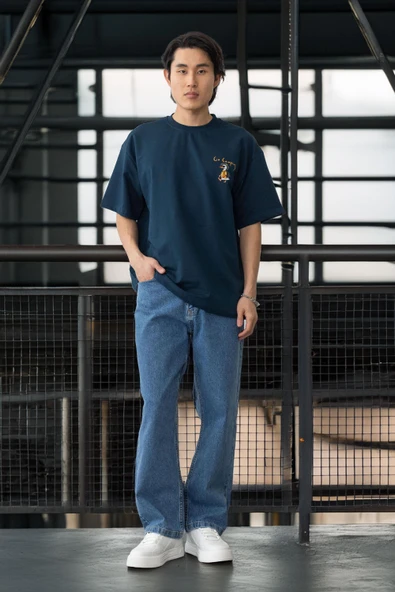Cep Baskılı İki İplik Kumaş Pamuklu Oversize Erkek T-Shirt - Prusya Mavisi - 9