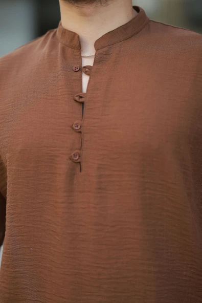 Wes Oversize Yarım Pat Bambu Kısa kol Gömlek - Kahve - 2