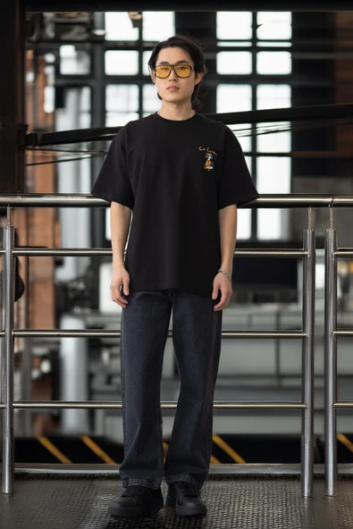 Cep Baskılı İki İplik Kumaş Pamuklu Oversize Erkek T-Shirt - Siyah - 3
