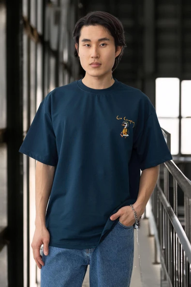 Cep Baskılı İki İplik Kumaş Pamuklu Oversize Erkek T-Shirt - Prusya Mavisi - 3