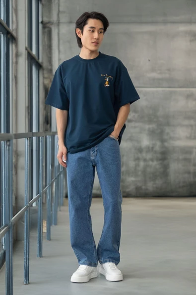 Cep Baskılı İki İplik Kumaş Pamuklu Oversize Erkek T-Shirt - Prusya Mavisi - 5