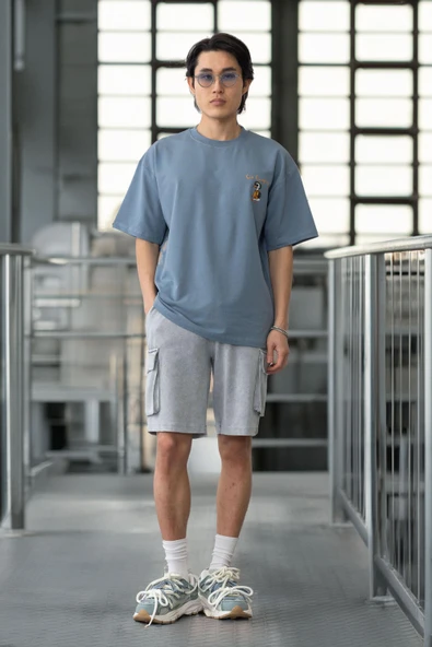 Cep Baskılı İki İplik Kumaş Pamuklu Oversize Erkek T-Shirt - Soğuk Mavi - 6