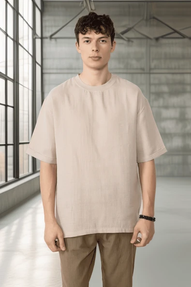 Rahat Kalıp Müslin Kumaş Erkek T-Shirt - Orta Bej - 3