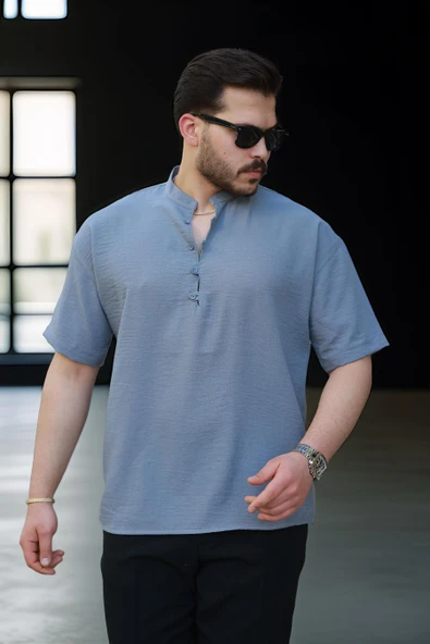Oversize Yarım Pat Bambu Kısa kol Gömlek - Soğuk Mavi