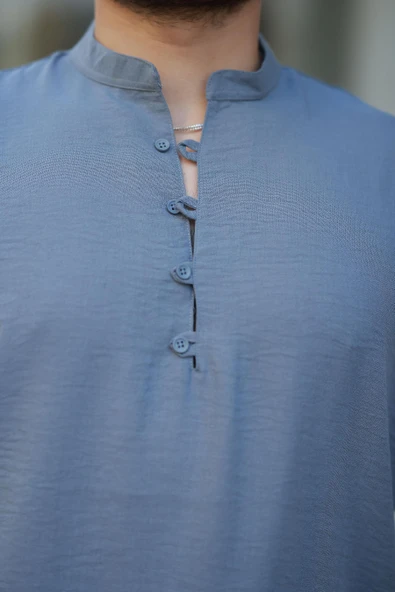 Oversize Yarım Pat Bambu Kısa kol Gömlek - Soğuk Mavi - 2