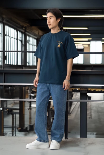 Cep Baskılı İki İplik Kumaş Pamuklu Oversize Erkek T-Shirt - Prusya Mavisi - 12