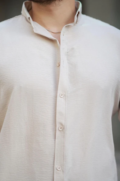 Scott – Soft Dokulu Yarım Oversize Modern Erkek Gömlek - Bej - Resim 2