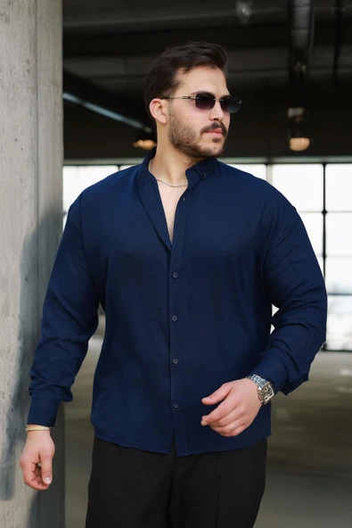 Yumuşak Dokulu Yarım Oversize Erkek Gömlek - Lacivert