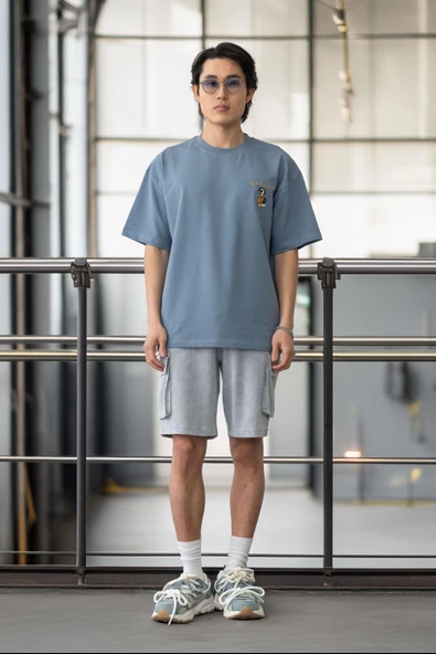 Cep Baskılı İki İplik Kumaş Pamuklu Oversize Erkek T-Shirt - Soğuk Mavi - 11