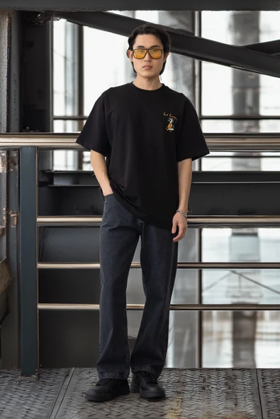Cep Baskılı İki İplik Kumaş Pamuklu Oversize Erkek T-Shirt - Siyah - 7