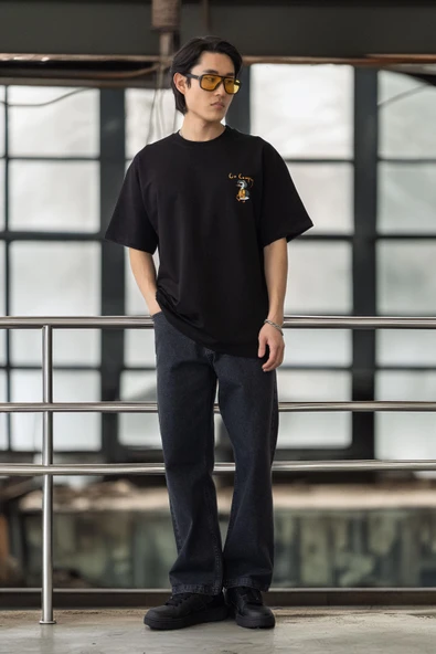 Cep Baskılı İki İplik Kumaş Pamuklu Oversize Erkek T-Shirt - Siyah - 8
