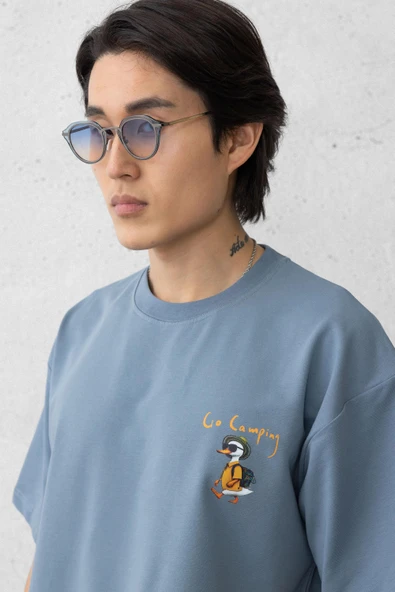 Cep Baskılı İki İplik Kumaş Pamuklu Oversize Erkek T-Shirt - Soğuk Mavi - 2