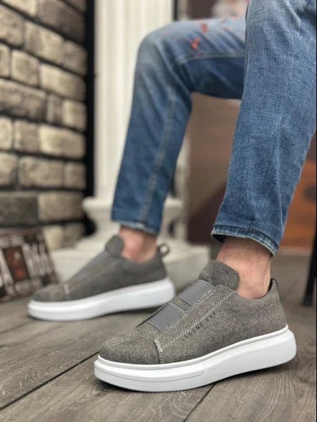 ET0307 Kalın Süet Yüksek Taban Çift Bant Gri Erkek Ayakkabı - Resim 2