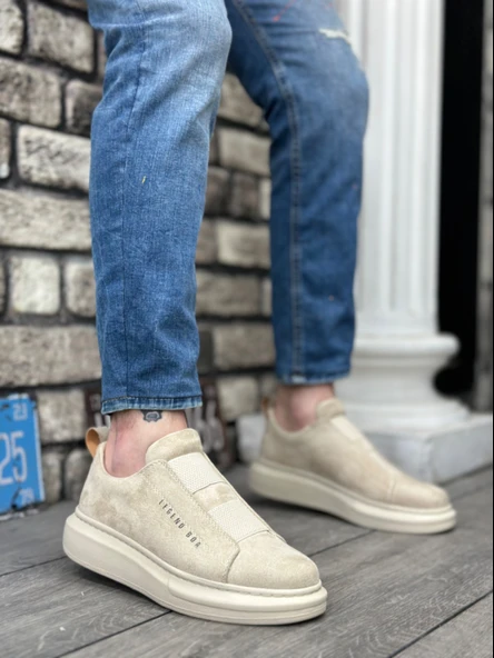 ET0307 Kalın Süet Yüksek Taban Çift Bant Bej Erkek Ayakkabı - Resim 4