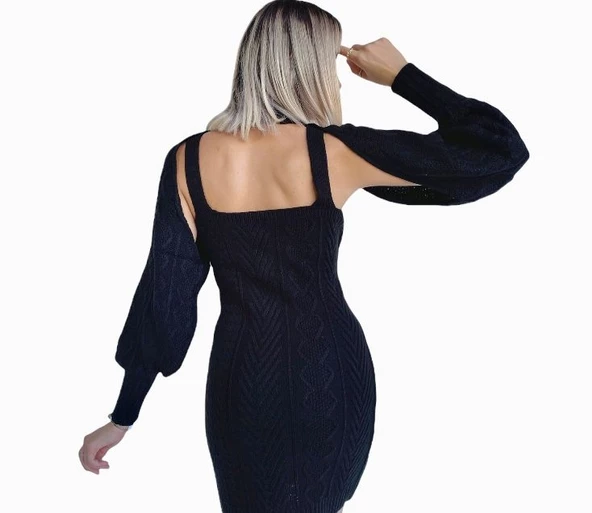 Kadın Siyah İkili Triko Elbise - 8