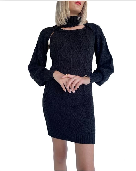 Kadın Siyah İkili Triko Elbise - 3